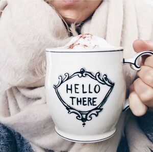 Anthropologie Molly Hatch "Hello There" Mug White & Black Aqua Stripes Inside